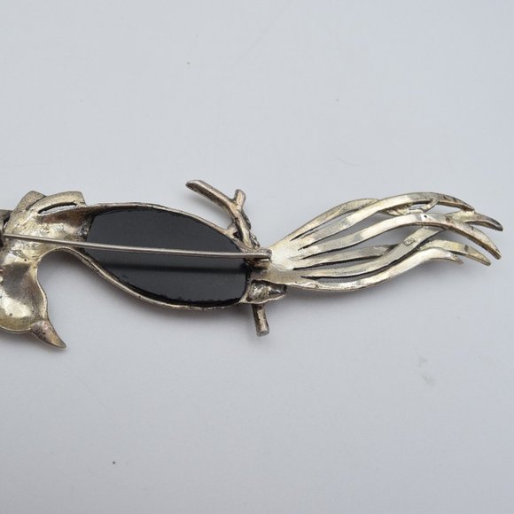 Vintage Sterling Silver, Onyx, Marcasite, & Garnet Crested Long Tail Bird Brooch - Picture 13 of 13